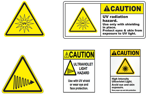 Yellow and white triangle and square caution signs for UV radiation